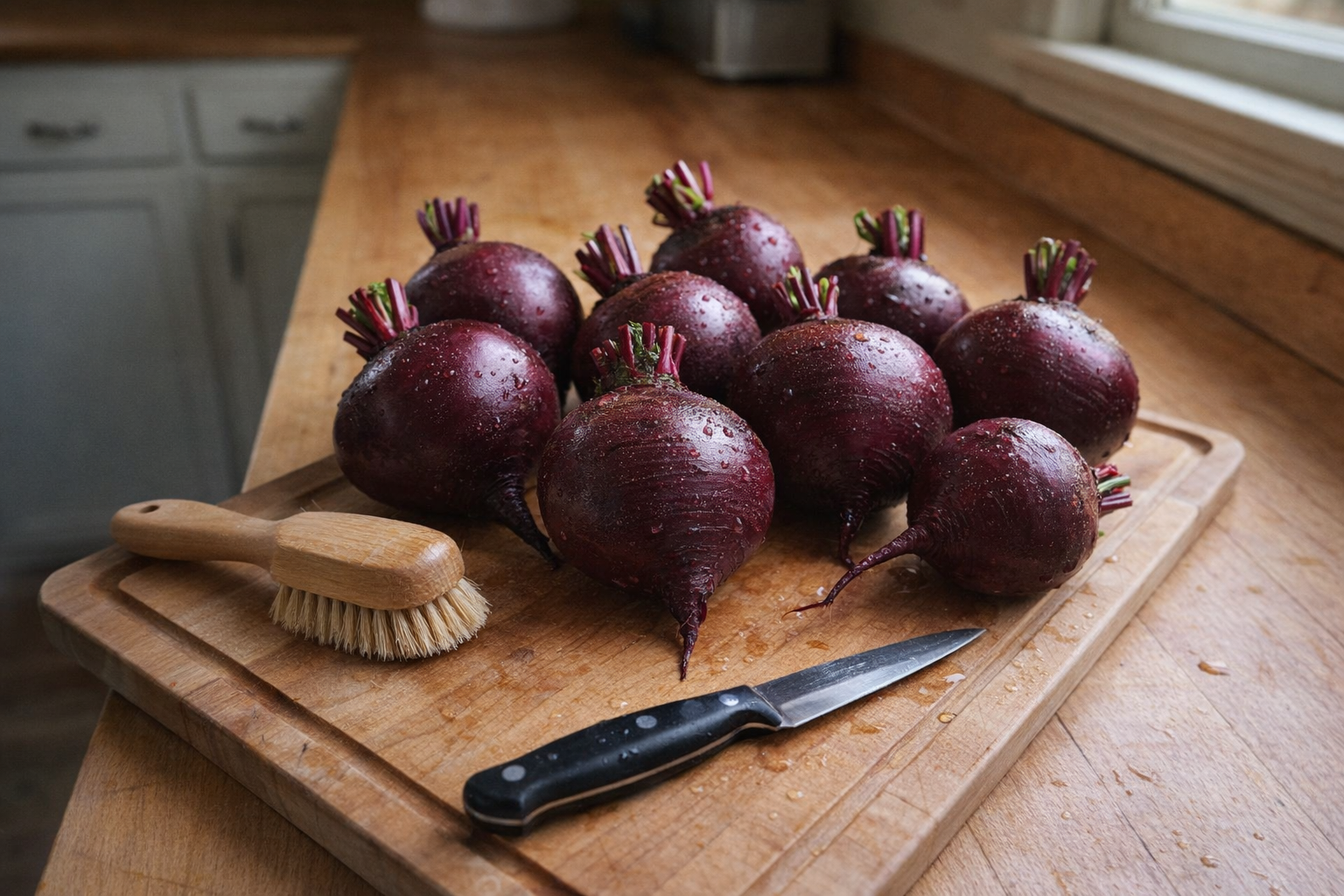 An overhead shot of raw beets, washed and trimmed, arranged on a wooden cutting board with a vegetable brush and a paring knife